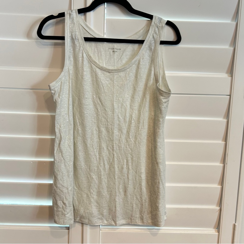 Eileen Fisher Scoop Neck Shimmer Tank Top White Silver Size Small